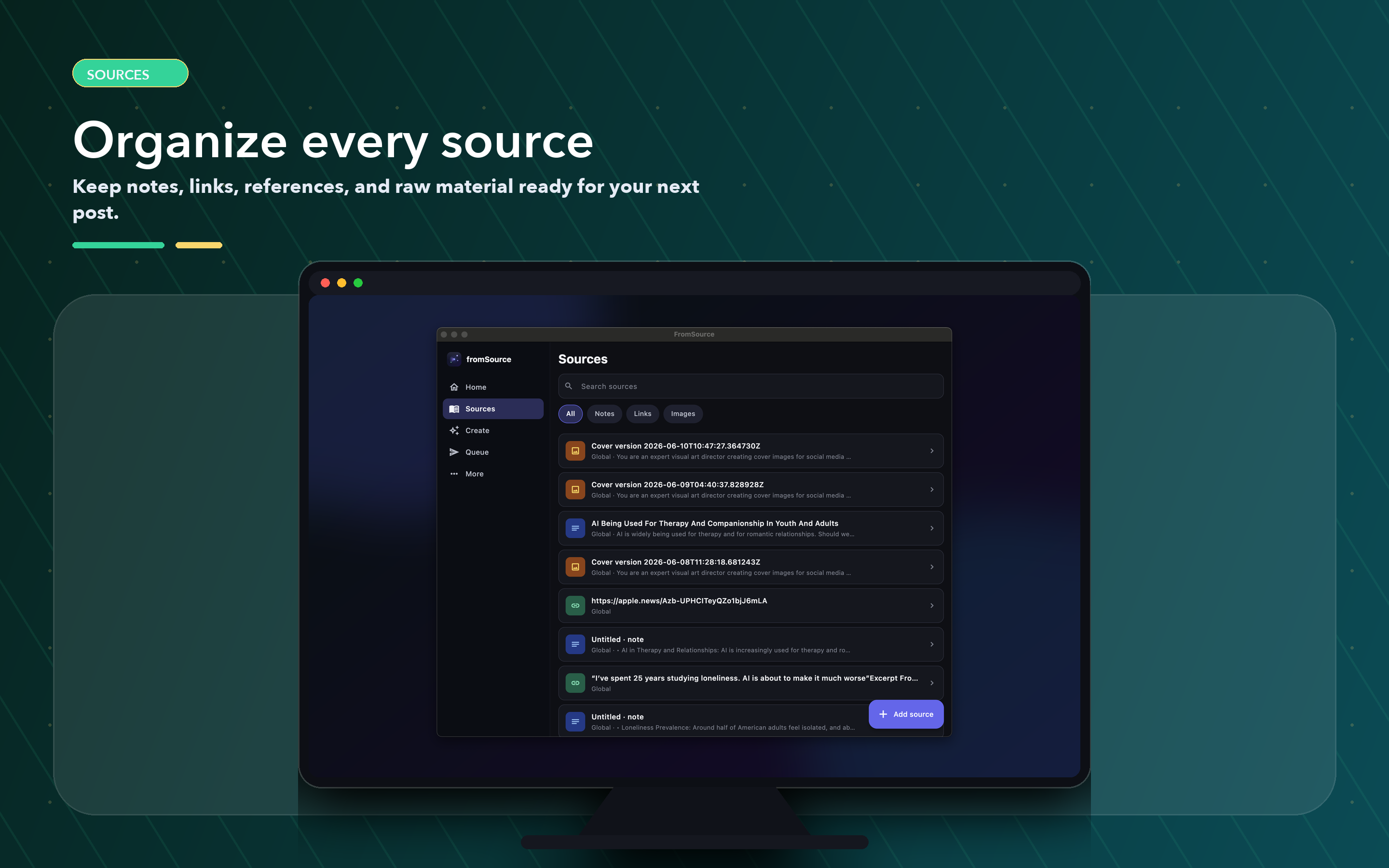 FromSource sources screen with All/Notes/Links/Images tabs and a searchable list of saved source items.