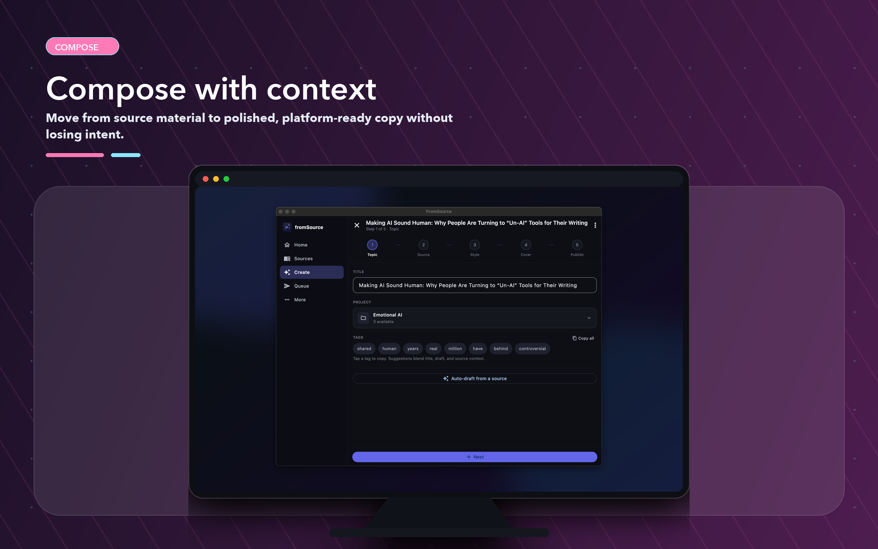 FromSource compose wizard showing tabs for Topic, Draft, Style, and Humanize with project selector and tags.