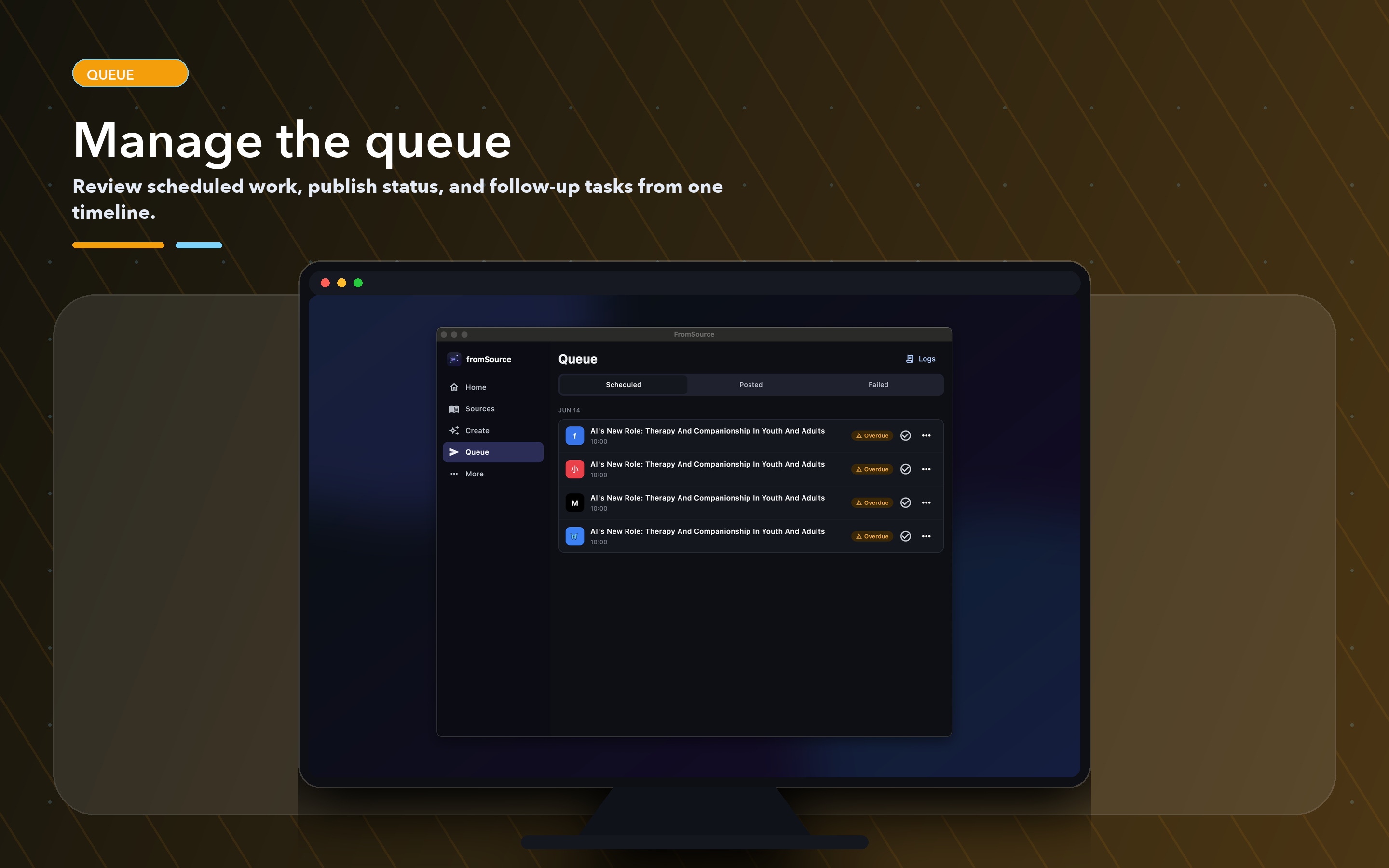 FromSource queue view with Scheduled, Posted, and Failed tabs listing queued posts with statuses.