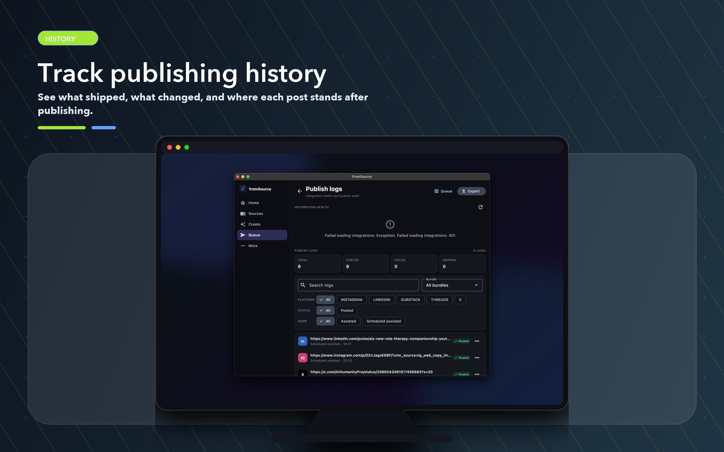 FromSource publish logs with integration health, totals for posted/failed/skipped, and per-platform filters for LinkedIn, Instagram, Threads, X, Substack.
